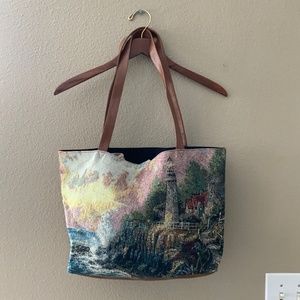 Thomas Kinkade Lighthouse Tapestry & Vinyl Totebag Cottage-core Brown Bag